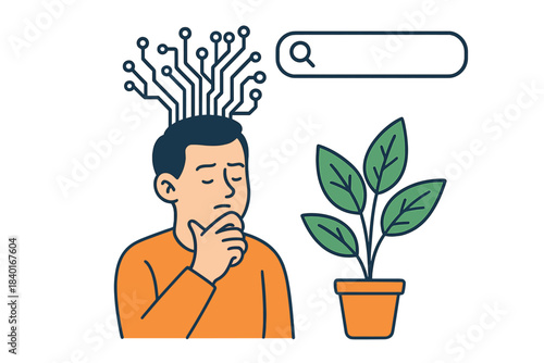 Man with circuit board mind contemplating nature and digital search bar interface