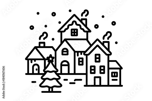 Cozy winter village scene with traditional houses, falling snow, and a decorated Christmas tree