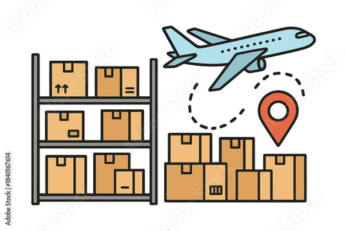 Global air cargo logistics and warehouse storage with delivery tracking pin and flying airplane