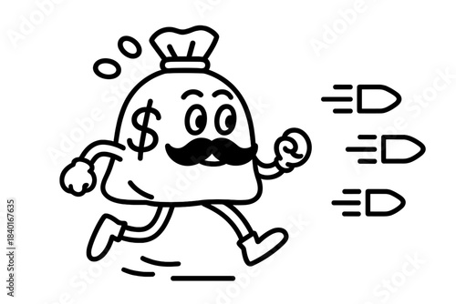Humorous cartoon money bag character running away quickly from danger or financial threat