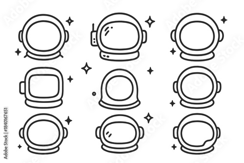 Collection of outline style space helmets and astronaut headgear icons for cosmic design