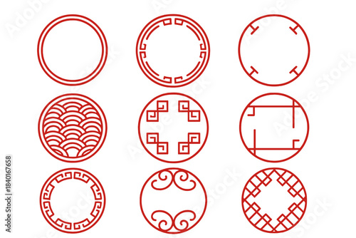 Nine red outline circular borders with traditional Chinese ornamental patterns