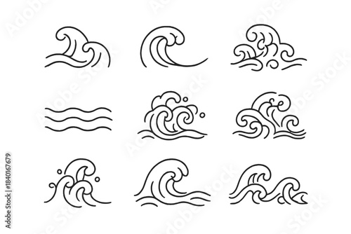 Collection of nine stylized ocean wave icons in simple black line art style for graphic design elements