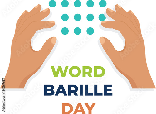 Braille Day Hands and Word Graphic: Visually Impaired Awareness, Raised Dots, Educational Vector