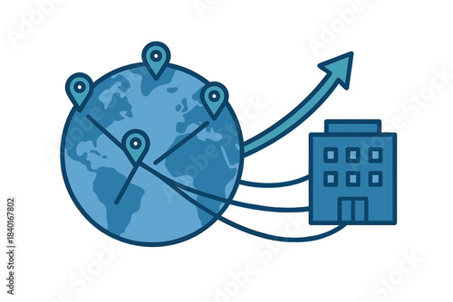 Corporate building connected to world globe with location pins and upward arrow symbolizing global business growth