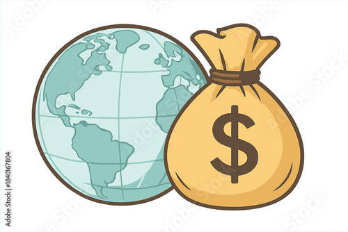 Global economy and finance concept illustrated by Earth globe and sack of money with dollar symbol