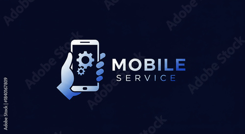 Mobile Service Vector Logo Illustration with Hand Holding Smartphone and Gears
