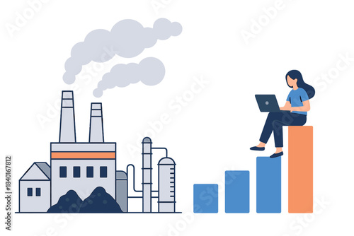 Corporate responsibility reporting showing business growth analysis juxtaposed with factory emissions