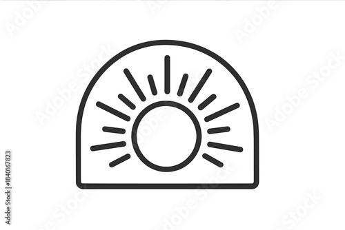 Simple linear design of a stylized sun with rays contained within a rounded arch