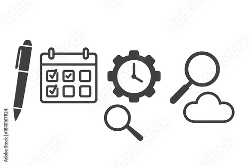 Essential business planning and productivity elements: calendar, clock, magnifying glass, and cloud storage