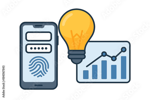 Mobile security, data analysis, and innovative solution concept with smartphone, lightbulb, and graph