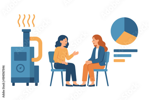 Two women discussing energy efficiency and heating system performance data during a business meeting