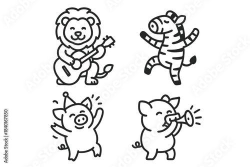 Cute cartoon animals celebrating and playing music including a lion, zebra, and pigs