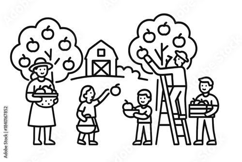 Family picking fresh apples from orchard trees near a traditional farm barn