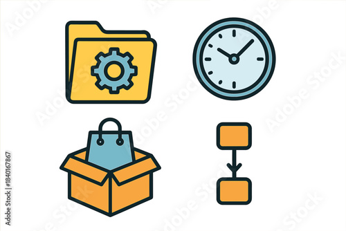 Business management, time tracking, e-commerce shipping, and workflow configuration symbols