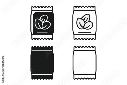 Collection of snack bar wrapper icons featuring nut or seed packaging in various black and white styles