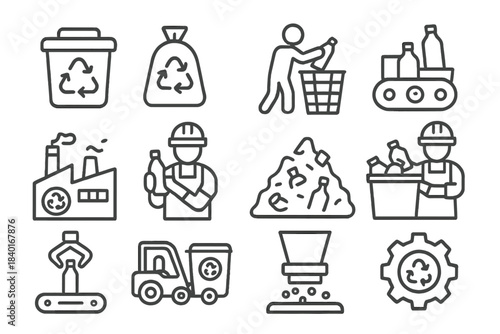 Environmental recycling and waste management process showing sorting, disposal, and factory operations