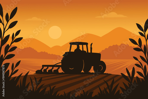 Tractor silhouette plowing farm fields at beautiful orange sunset hour.