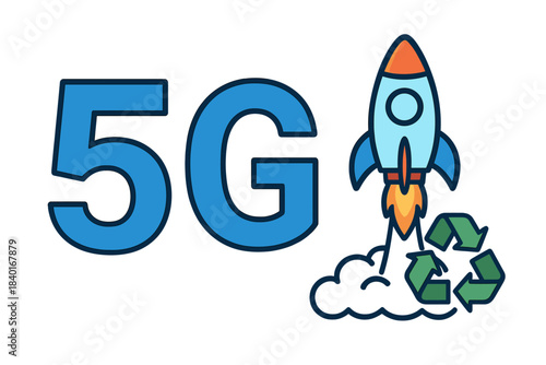 High-speed 5G network launch with rocket and recycling symbol for sustainable technology