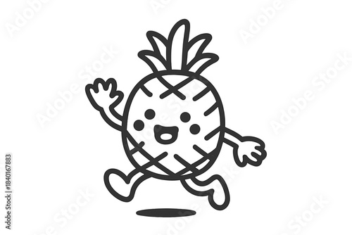 Cute cartoon pineapple character running happily with a cheerful expression and waving hand
