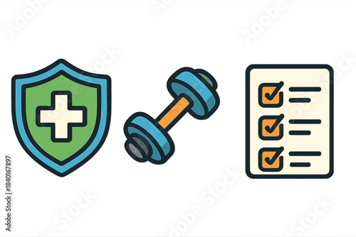 Health protection shield, fitness dumbbell, and checklist icons for wellness goals and medical safety