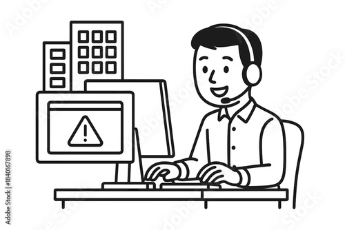 Smiling customer service representative wearing a headset working on a computer with a warning alert on the screen