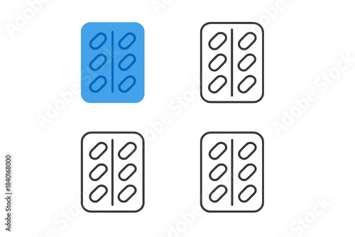 Minimalist set of medicine blister packs containing six pills in various graphic styles