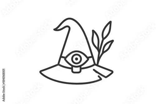 Pointed witch hat adorned with all-seeing eye symbol and natural botanical leaves