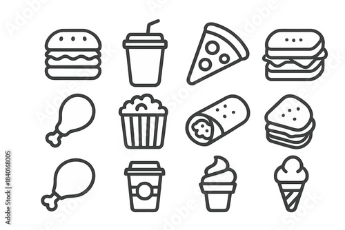 Outline set of popular fast food, snacks, and drinks including burgers, pizza, and coffee
