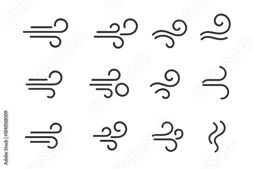 Minimalist black line symbols for wind, air movement, and weather phenomena
