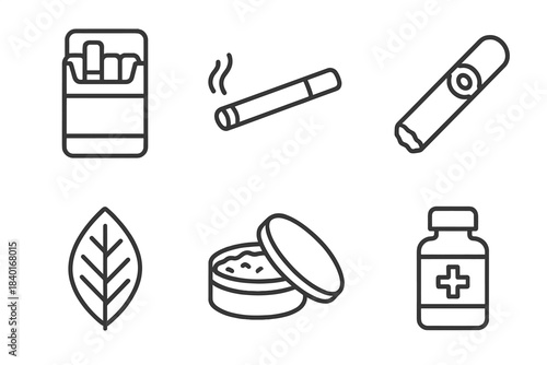 Cigarettes, cigar, tobacco leaf, and medical bottle representing nicotine consumption and products