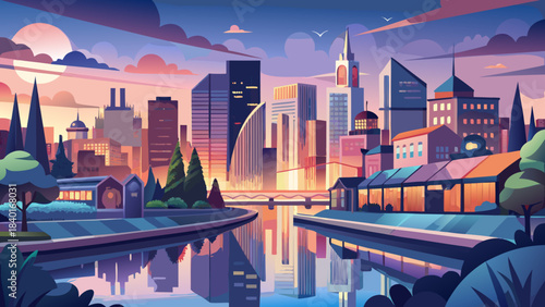 A calm waterfront cityscape featuring modern silhouettes, gentle reflections on the river, and soft evening tones creating a peaceful urban atmosphere perfect for travel, architecture, and scenic docu