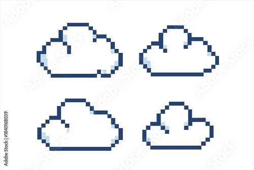 Four pixel art style cloud icons representing weather and digital technology concepts