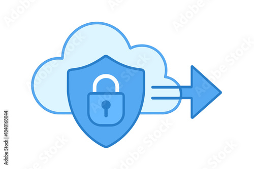 Digital security concept showing protected cloud storage and data migration with an arrow