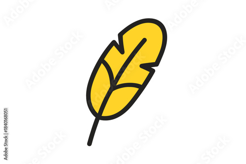 A brightly colored stylized yellow feather icon featuring a thick black outline and a playful cartoon aesthetic