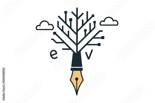 Creative digital growth concept featuring a fountain pen nib base and circuit board tree branches with cloud symbols