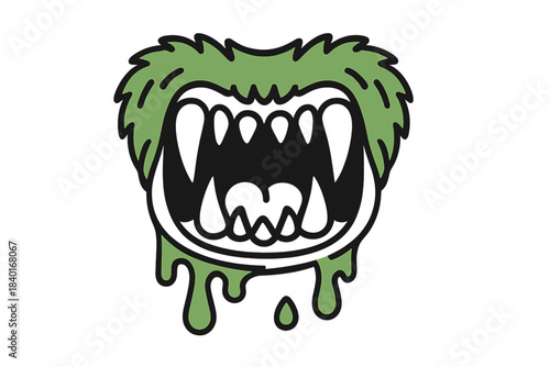 Aggressive monster mouth with sharp fangs and shaggy green fur dripping goo