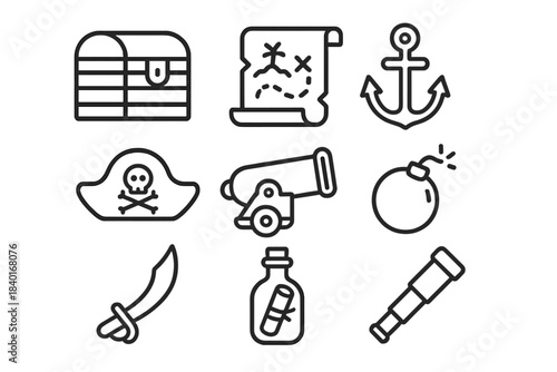 Pirate adventure elements including treasure chest map anchor cannon and spyglass
