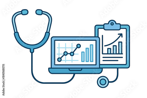 Stethoscope connected to a laptop displaying medical data graphs and charts on a clipboard