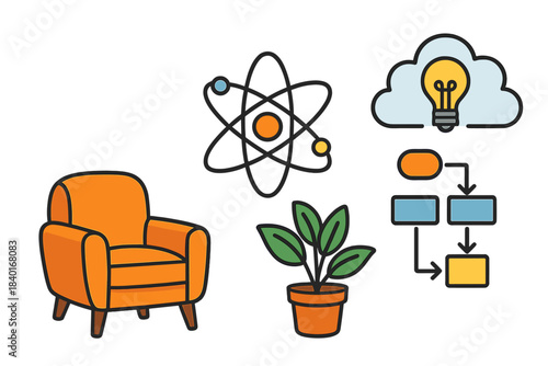 Set of diverse symbols representing science, home decor, ideas, and business processes