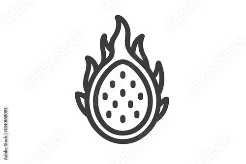 Minimalist drawing of a tropical dragon fruit cut in half showing the pulp and seeds