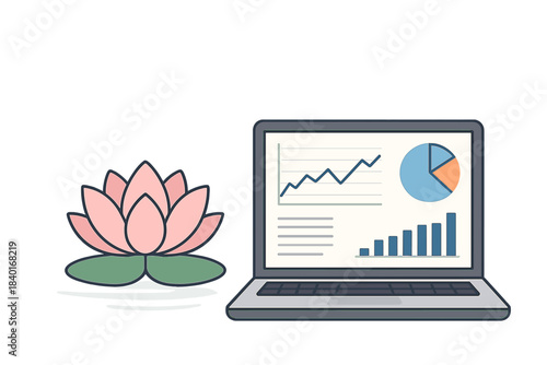 Pink lotus flower next to a laptop displaying business analytics charts, symbolizing harmony and balance