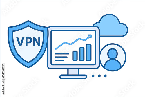VPN security and data analysis concept with shield, monitor, and cloud icons