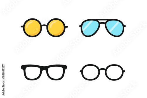 Set of fashionable eyewear including modern sunglasses and classic optical glasses frames