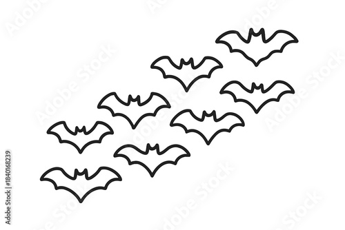Flock of flying bats in simple black outline style for Halloween and spooky designs