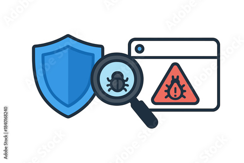 Cybersecurity concept with protective shield, magnifying glass, and malware warning alert