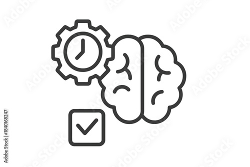 Brain, gear, clock, and checkmark symbolizing cognitive efficiency and time management