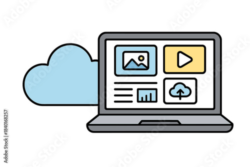 Wallpaper Mural Laptop interface displaying cloud computing services with media, video, and data icons Torontodigital.ca