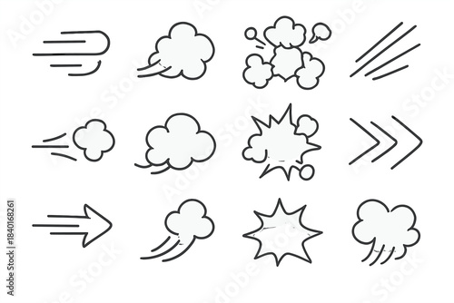 Comic book style action elements including speed lines, wind gusts, and impact bubbles