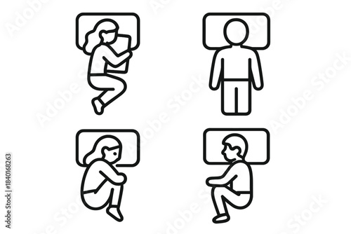 Set of four outline icons showing different sleeping positions and postures in bed